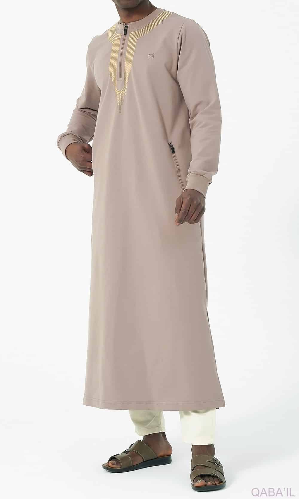 Muslim Men's Embroidered Long Thobe Sham R24 QL in Taupe